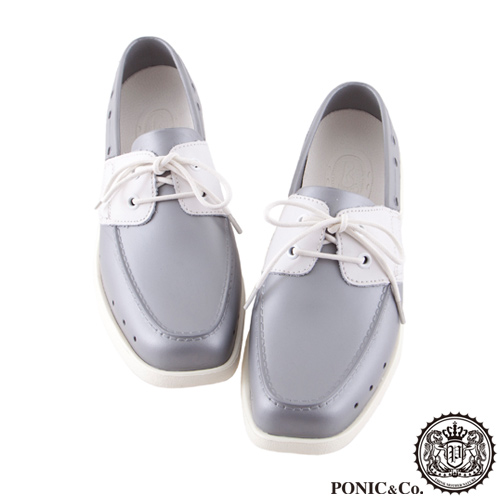 (男/女)Ponic&Co美國加州環保防水洞洞綁帶帆船鞋-銀色
