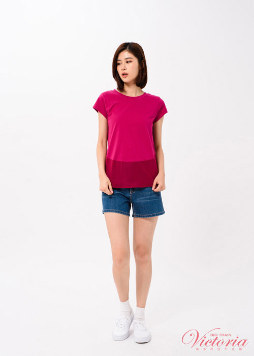 Victoria 下襬圓弧袖異材質拼接短袖T-女-深紫紅