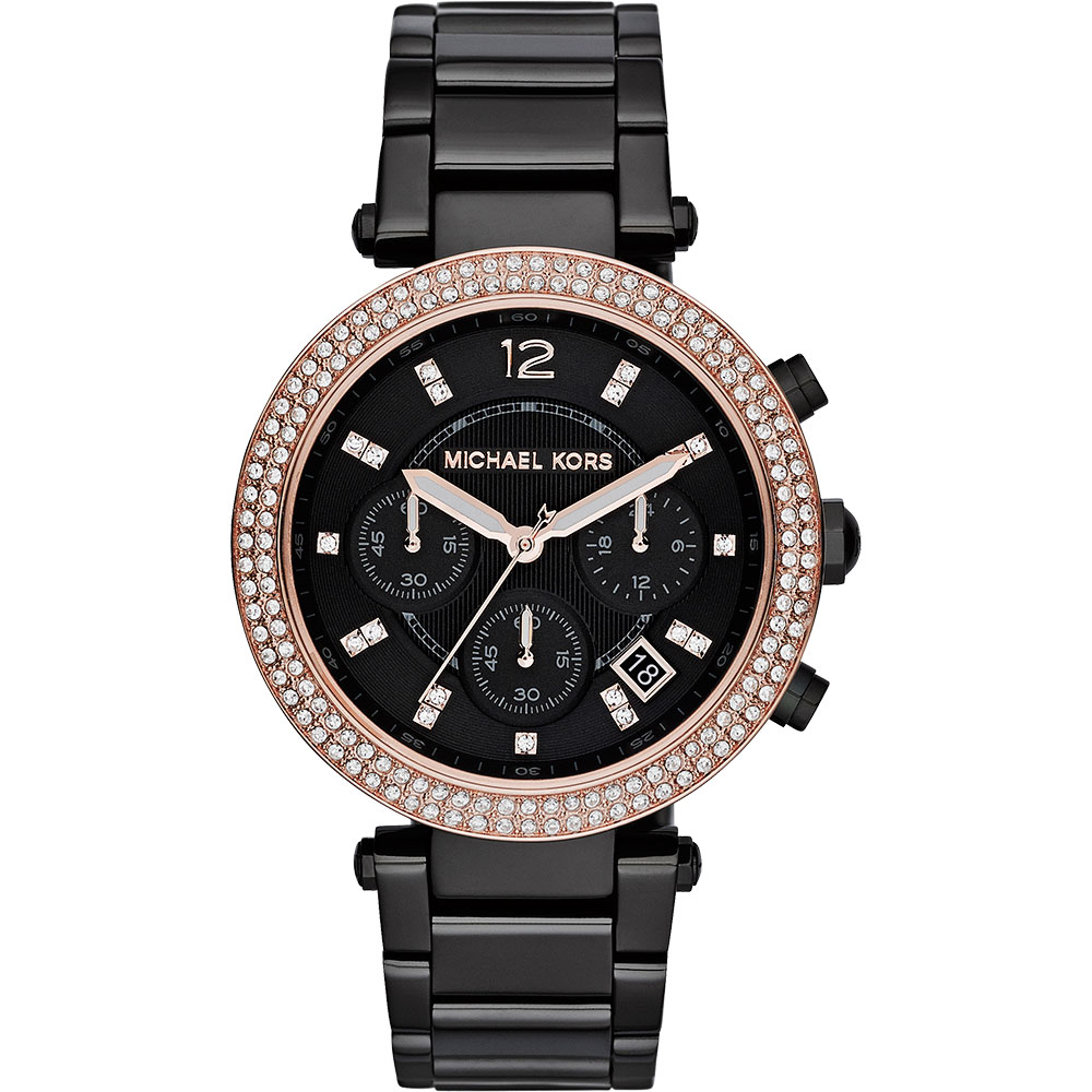 Michael Kors 奢華晶鑽計時錶-黑x玫瑰金框/39mm
