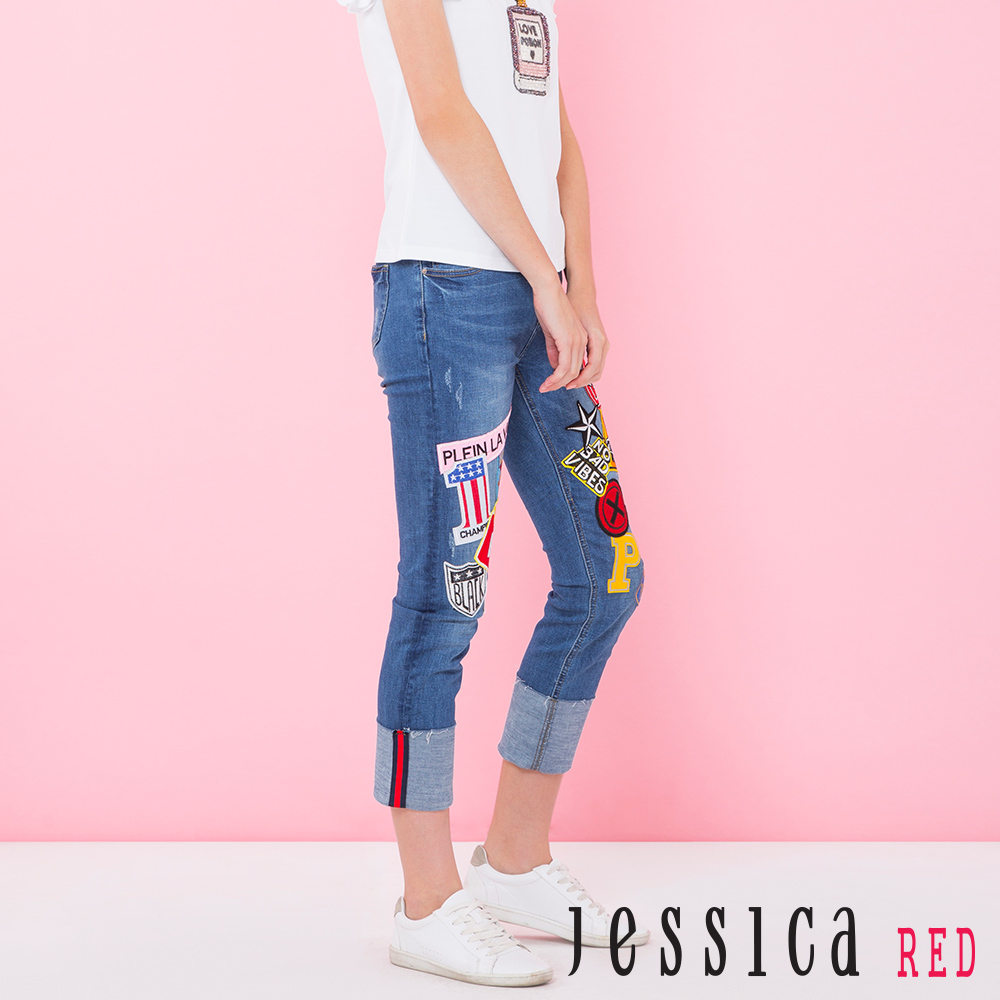 JESSICA RED-Hi 紐約貼布電繡反折牛仔褲