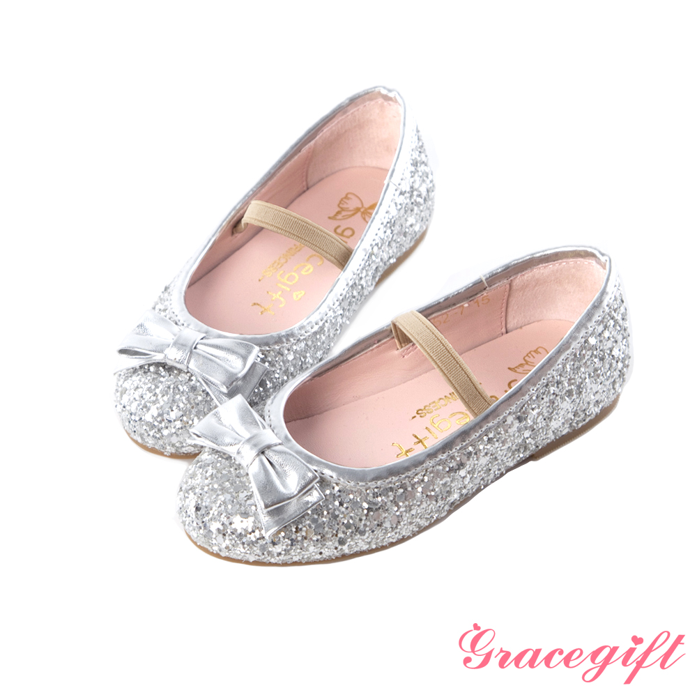 Grace gift-Princess童鞋．立體蝴蝶結亮片娃娃鞋 銀
