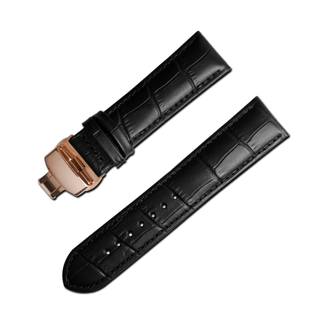 Watchband 經典復刻時尚指標壓紋真皮雙邊壓扣錶帶 黑x玫瑰金扣