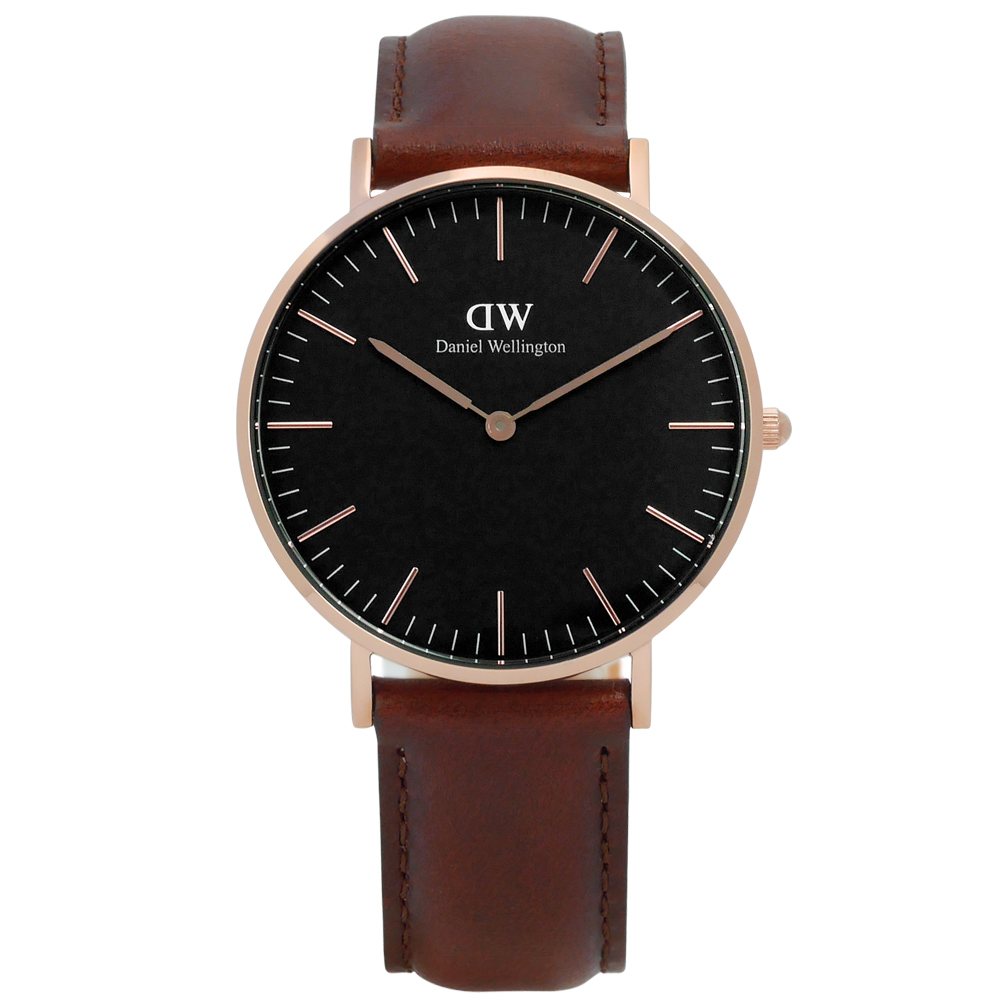 DW Daniel Wellington 旗艦真皮手錶-黑x玫瑰金框x咖啡/36mm
