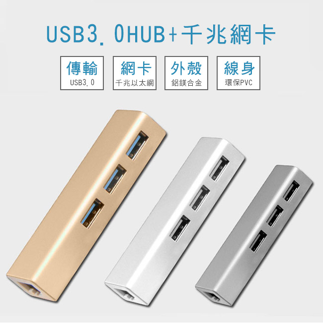 Max+ USB3.0 to RJ45千兆高速網卡+3埠HUB集線器(銀)